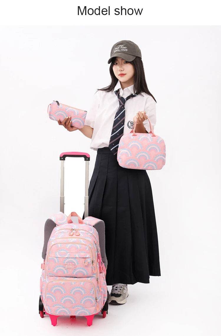 Rolling School Bags for Girls Backpack Children Waterproof School Backpacks with Wheels Middle School Trolley Luggage Back Pack - AIAZ