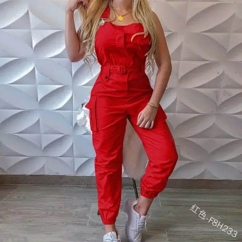 2025 Women's Casual Jumpsuits Cargo Playsuit Sleeveless O Neck Jumpsuit With Pocket and Belt Elegant Pencil Pants Loose Overalls - AIAZ