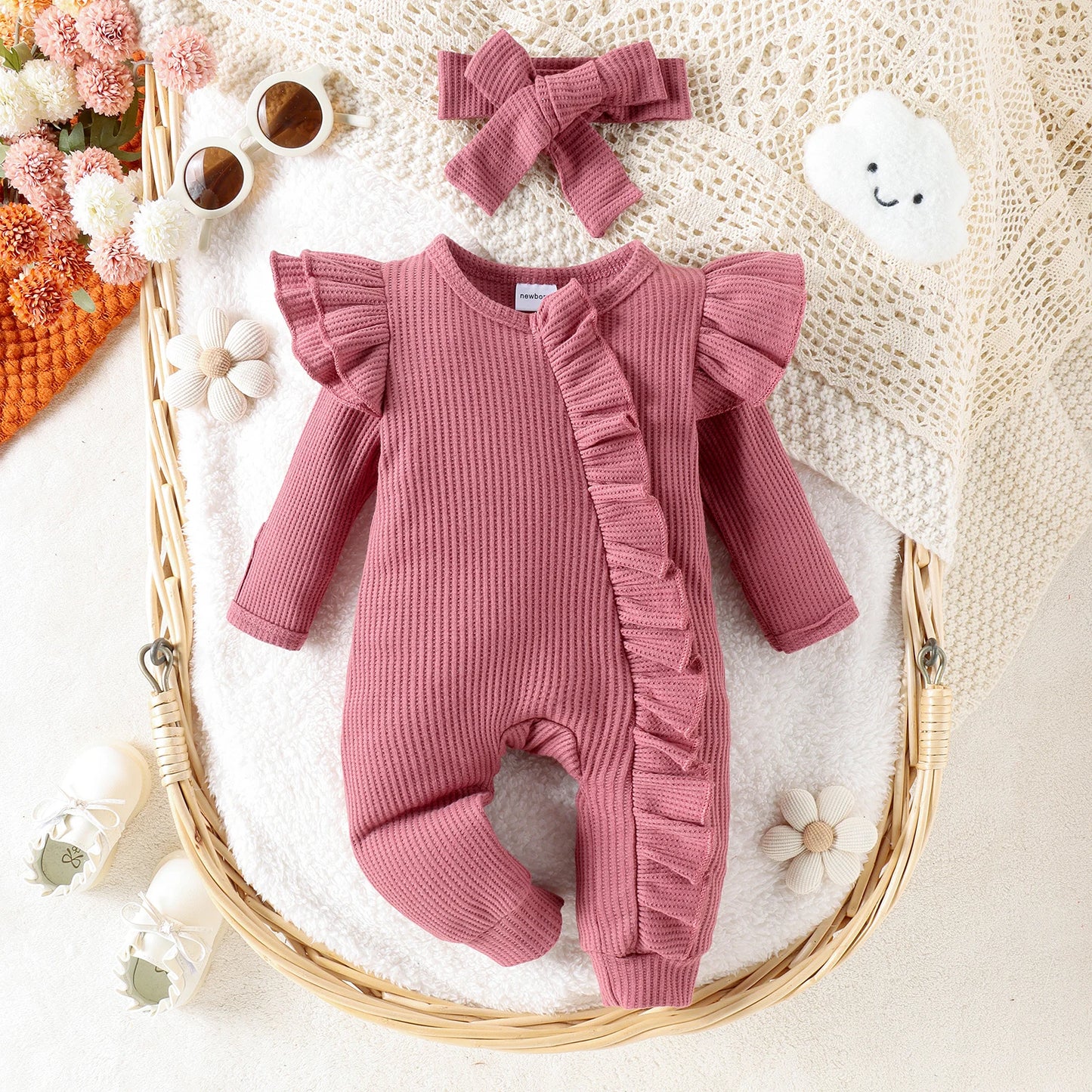 2PCS Autumn New Style 0-1 Year Old Girl Baby Sweet And Cute Solid Color Flying Sleeve Waffle Long-Sleeved Jumpsuit + Hair Band