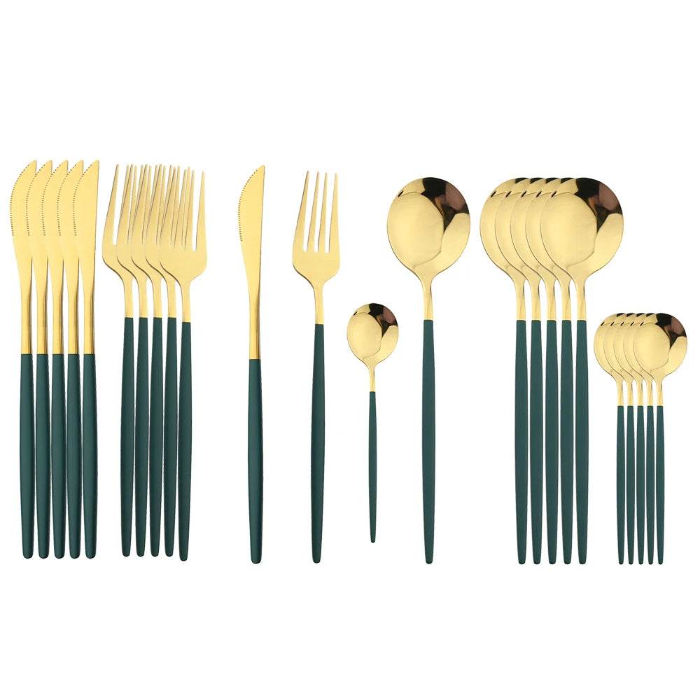 24Pcs Black Handle Golden Cutlery Set Stainless Steel Knife Fork Spoon Tableware Flatware Set Festival Kitchen Dinnerware Gift - AIAZ