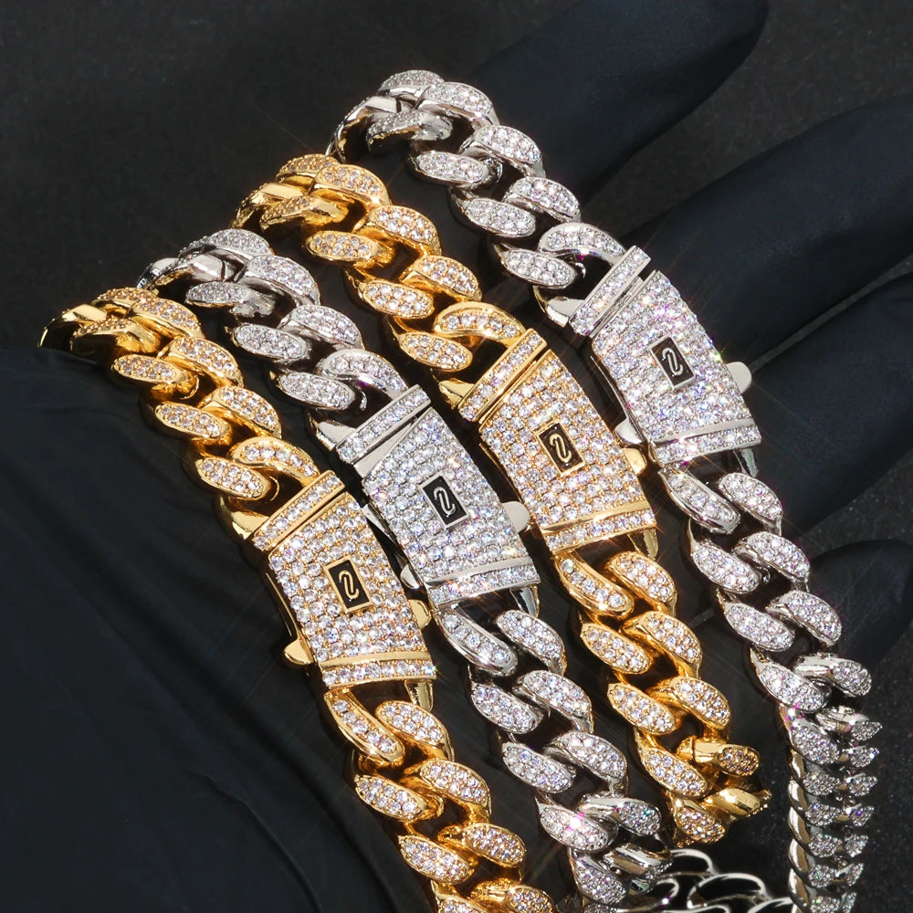 12mm S925 Silver Double Row VVS Frozen Diamond Monaco Chain 18K Gold Plated 100% Passed Diamond Tester Moissanite Necklace