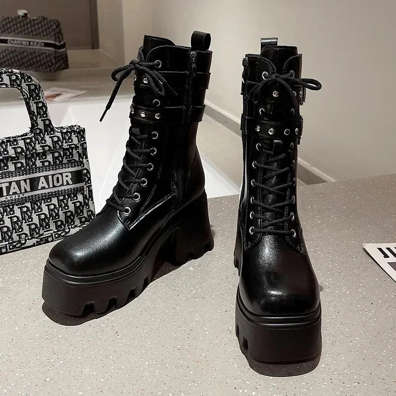 Trend Punk Women's Boots Buckle Platform Boots Mid-calf Gothic Boots for Women Autumn Ladies Motorcycle Boot Pu Leather Shoes