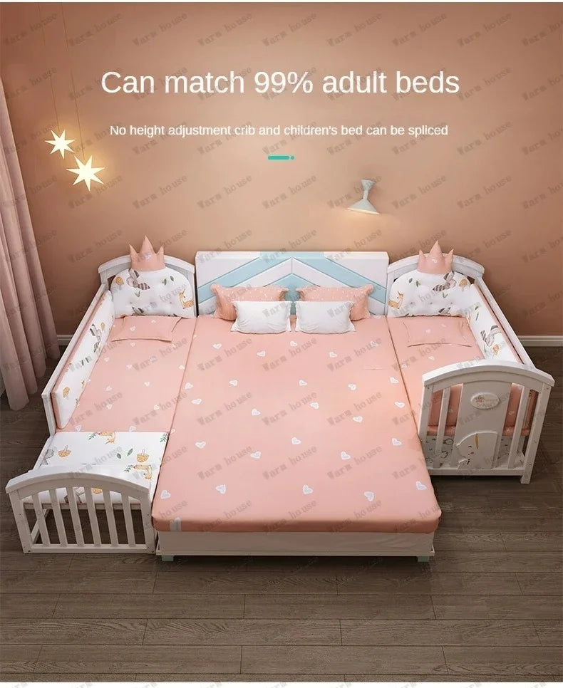 Solid wood spliced crib Multifunctional European style children's bed Movable newborn cradle large bed Baby Rest Chair