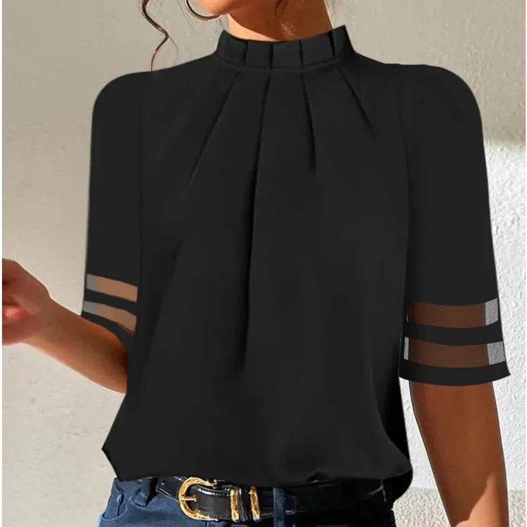 Women's Fashion Black Short-sleeved Shirt Ladies Elegant Casual Turtleneck Top Simple Shirts Women Clothes Summer New 2025 - AIAZ