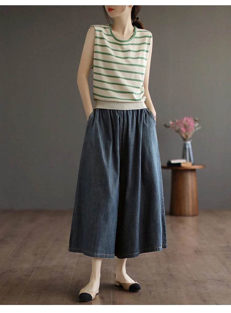 8215 Summer Trendy Wide Leg Jeans Skirts For Women New Design Straight Loose Casual Solid Color Elastic High Waist Denim Pants - AIAZ