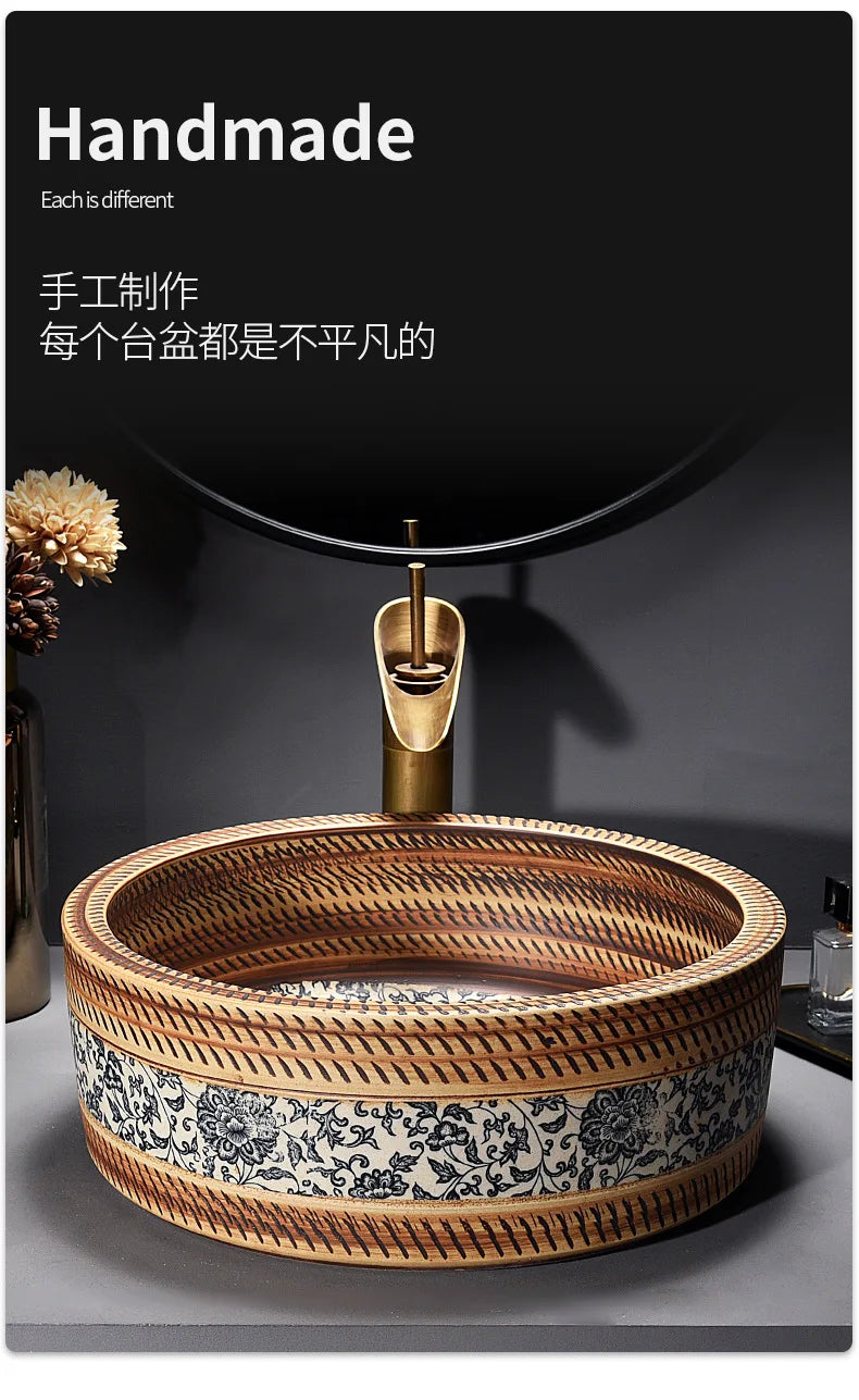 41*41*14cm European style Ceramic Washbasin Retro Printing Bathroom Sink Countertop Round Bowl Basin with Hardware Faucet Set