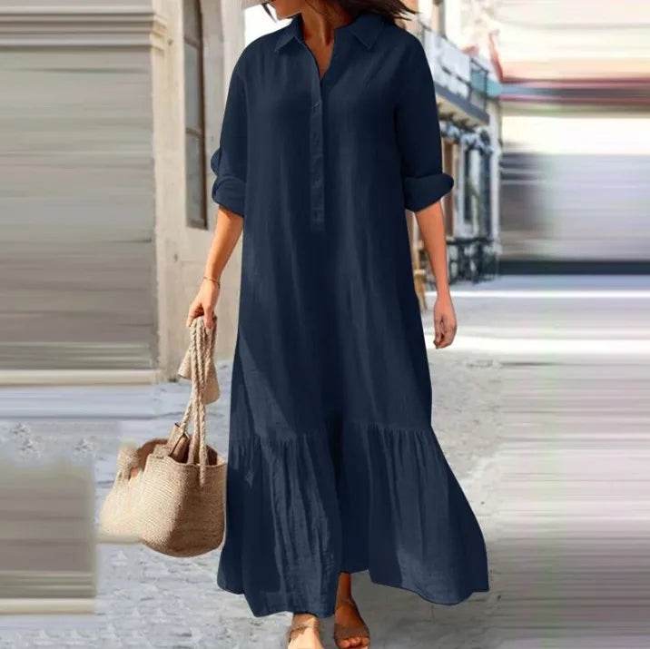 2025 Women's Linen Shirt Dress - Asymmetrical Hem Button Down Casual Dress - AIAZ
