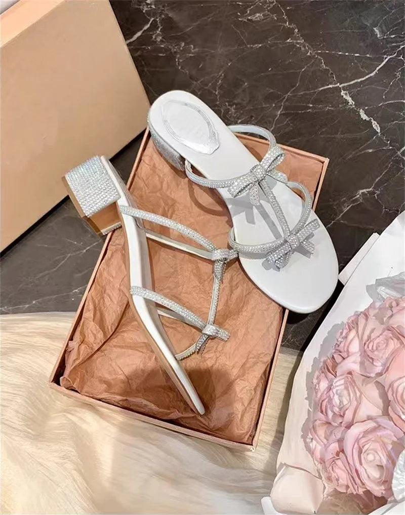 Hlieny Silver Crystal Bowknot Slipper Summer Outdoor Sandal Women Square Low Heel Beach Slip On Flip Flop Slides Shoes Size 40