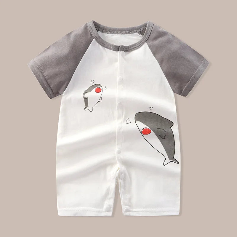 Newborn Clothes Cute Cartoon Dinosaur Tiger Shark Lion Print Strap Comfortable Summer Boys Girl 0-18 Short Sleeved Baby Jumpsuit