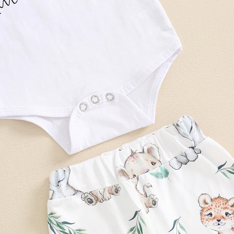 Citgeett Summer Infant Baby Boys Girls Outfits Short Sleeve Animal Print Romper + Pants + Headband + Hat Set Clothes