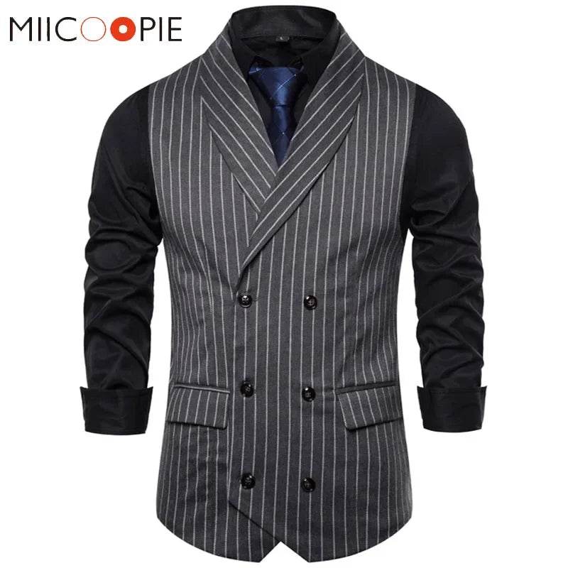 Mens Waistcoat Stripe Plaid Formal Suit Vest Men Fashion Casual Double Breasted Sleeveless Gilet Male Business Formal Dress Vest - AIAZ