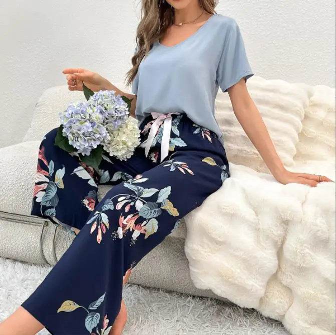 Breathable 2PCS Pajama Short Sleeve Printed Pijama Mujer Femme Loose Nightwear Suit Female Casual Homewear Pajama Set For Women - AIAZ