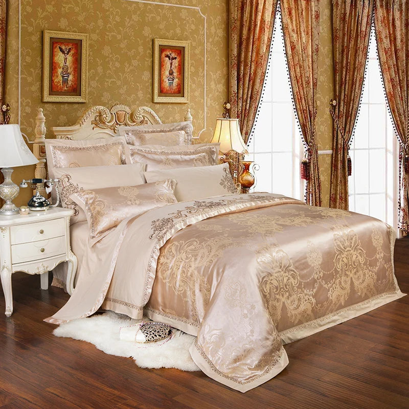 Sliver Gold Luxury Silk Satin Jacquard duvet cover bedding set queen king size Embroidery bed set bed sheet/Fitted sheet set