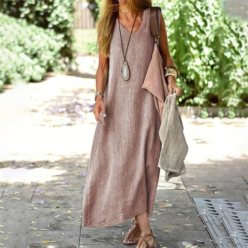 Women V Neck Pullover Cotton Linen Dresses Solid Color Loose Waist Dress Female Summer Daily Comfortable Casual Sleeveless Gown - AIAZ