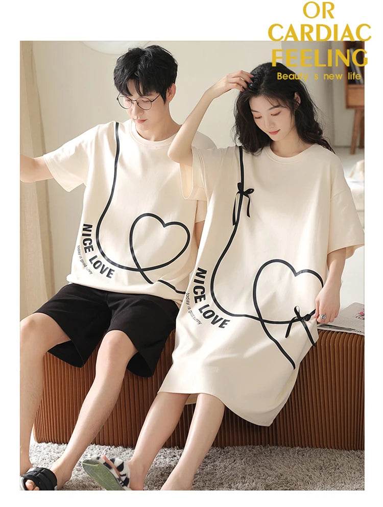 Summer Couple Pajama Sets 100%Cotton Men Short Sleeve Pyjamas Sexy Women Nightgown - AIAZ