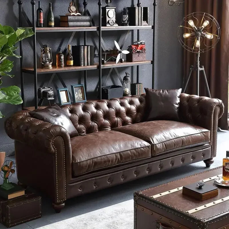Imitation Oil Wax Leather Vintage Style Roll Arm Chesterfield Sofa Living Room Furniture de Salon