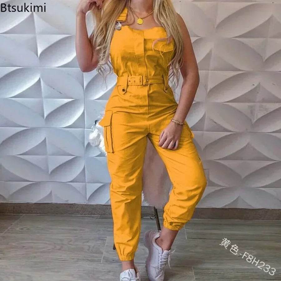2025 Women's Casual Jumpsuits Cargo Playsuit Sleeveless O Neck Jumpsuit With Pocket and Belt Elegant Pencil Pants Loose Overalls - AIAZ