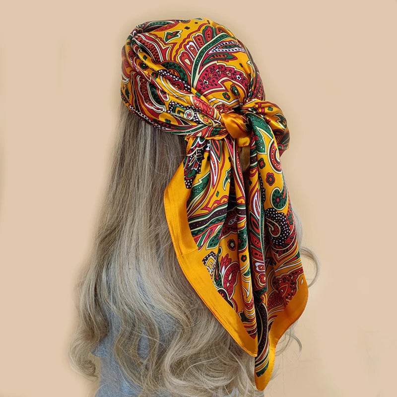 New 90*90cm Retro Brand Women Silk Scarf Bandanna Fashion Bohemian Pattern Square Hijab Lady Wrap Headband foulard muffler - AIAZ