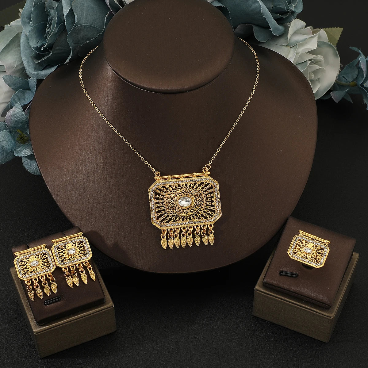 2024 New Unique Design 18k Gold Plated Stainless Steel Necklace earrings ring for women's jewelry set  Wedding Holiday Gifts