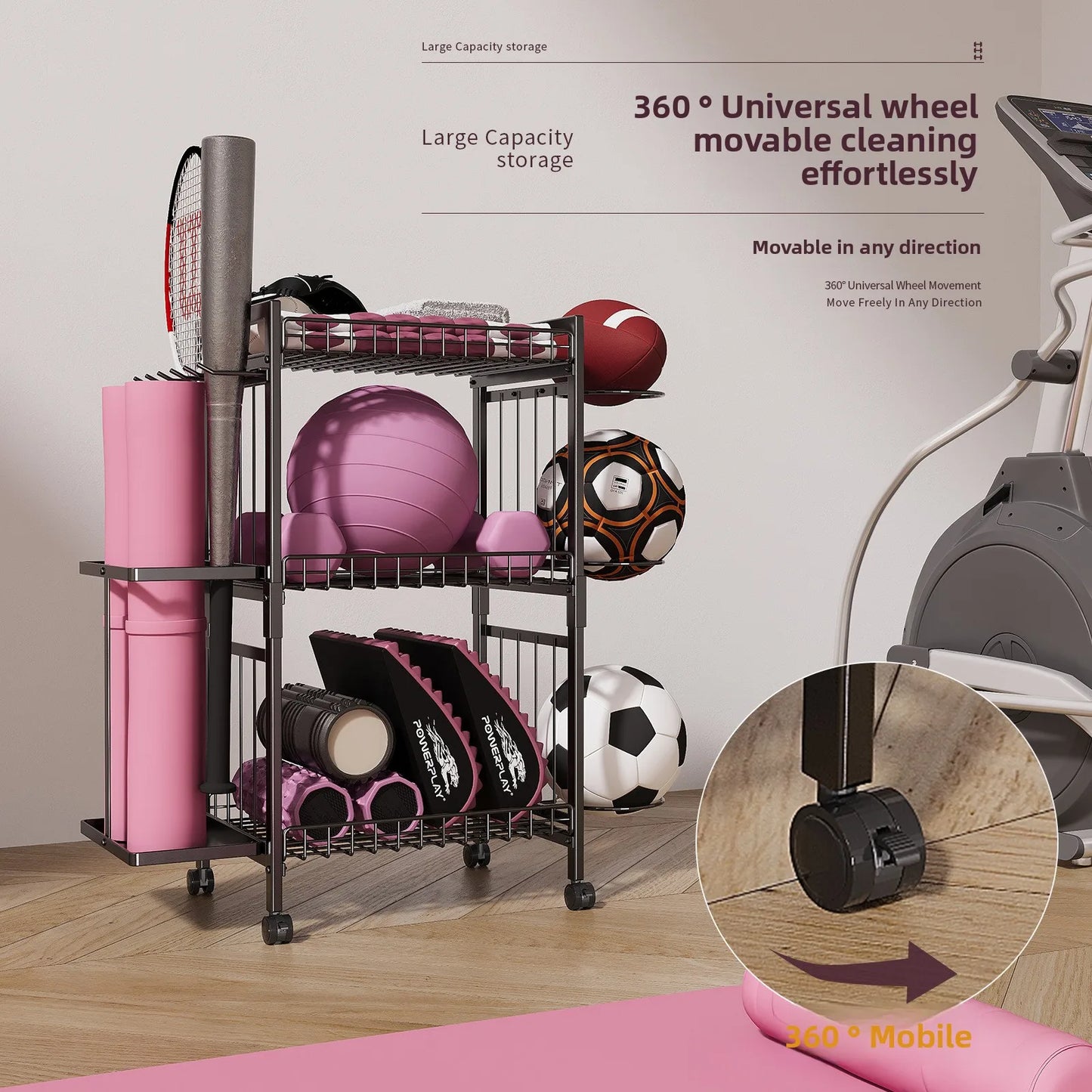 Disassemble and Assemble Sports Equipment Rack Universal Roller Design Basketball Yoga Mat Fitness Equipment Storage Basket