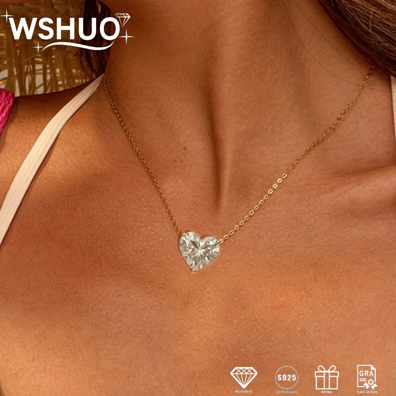 WSHUO 1/2/3ct Heart Cut Moissanite Pendant Necklace S925 Pure Silver Plated 18K Gold Women Necklace jewelry Gift GRA Certified