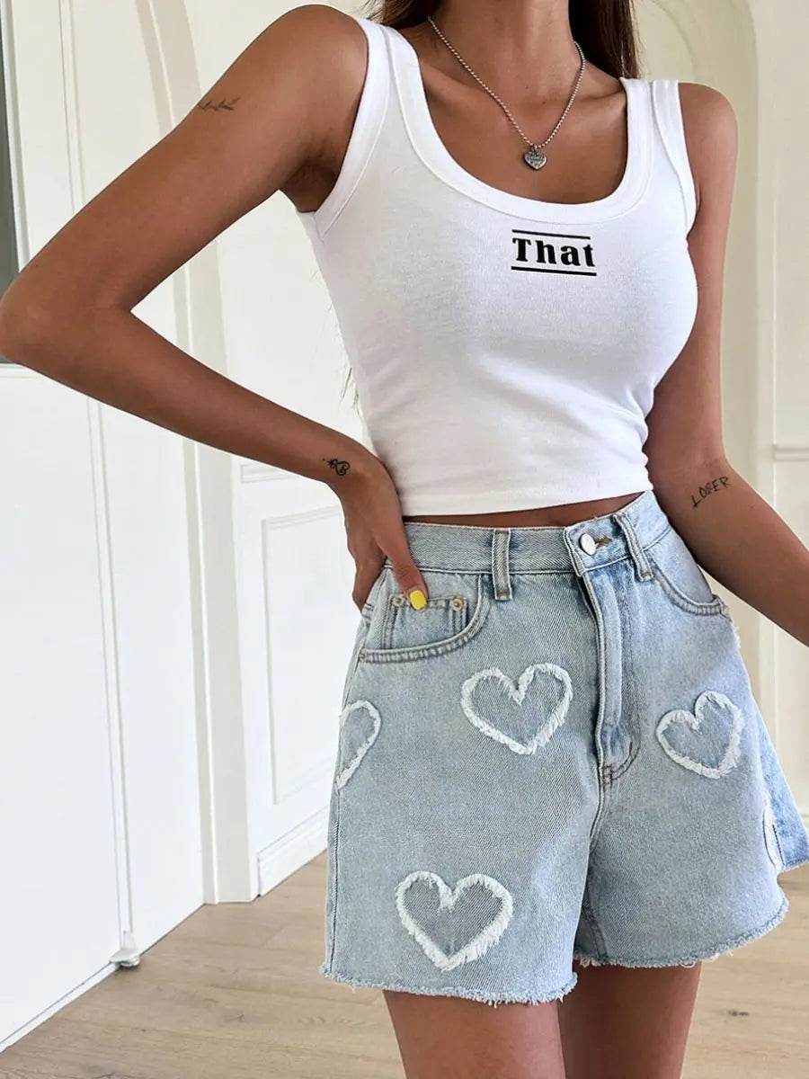 Women's Jeans Shorts Blue Cute Raw Edge Heart Pattern High Waist Fashion Denim Hot Pants Y2k Summer Casual Clothing - AIAZ