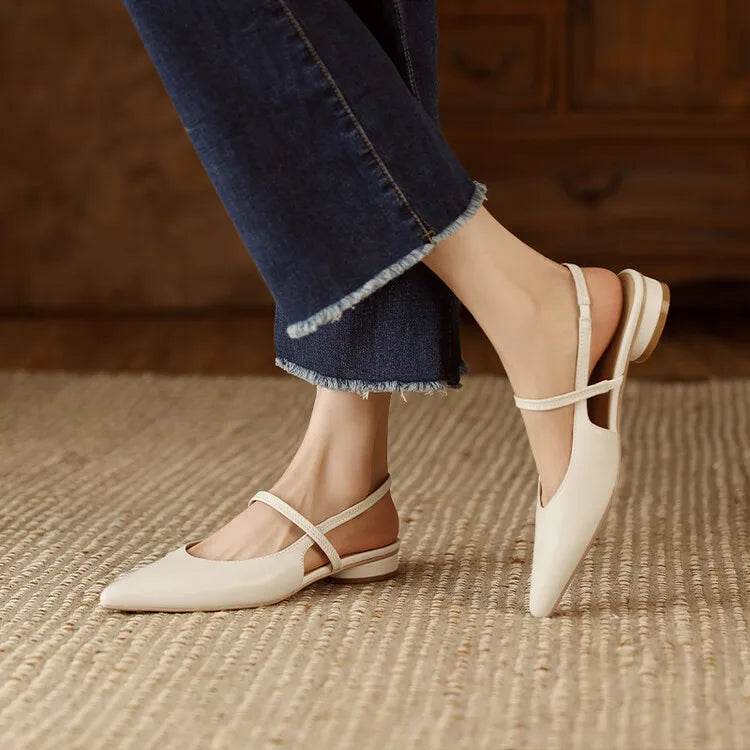 Summer Sandals Sheep Leather Women Shoes Pointed Toe Low Heel Women Pumps Genuine Leather Cover Toe Sandals for Women Handmade - AIAZ