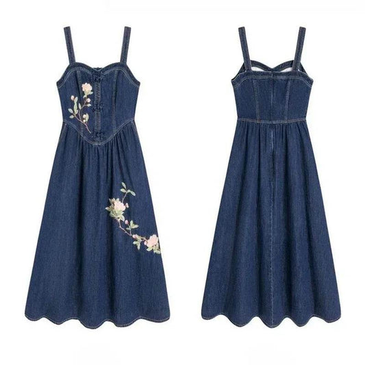 Embroidered Denim Dress For Women Spring Summer 2025 New Retro Versatile Waist Closure Long Denim Strap Dress Mujer Vestidos - AIAZ