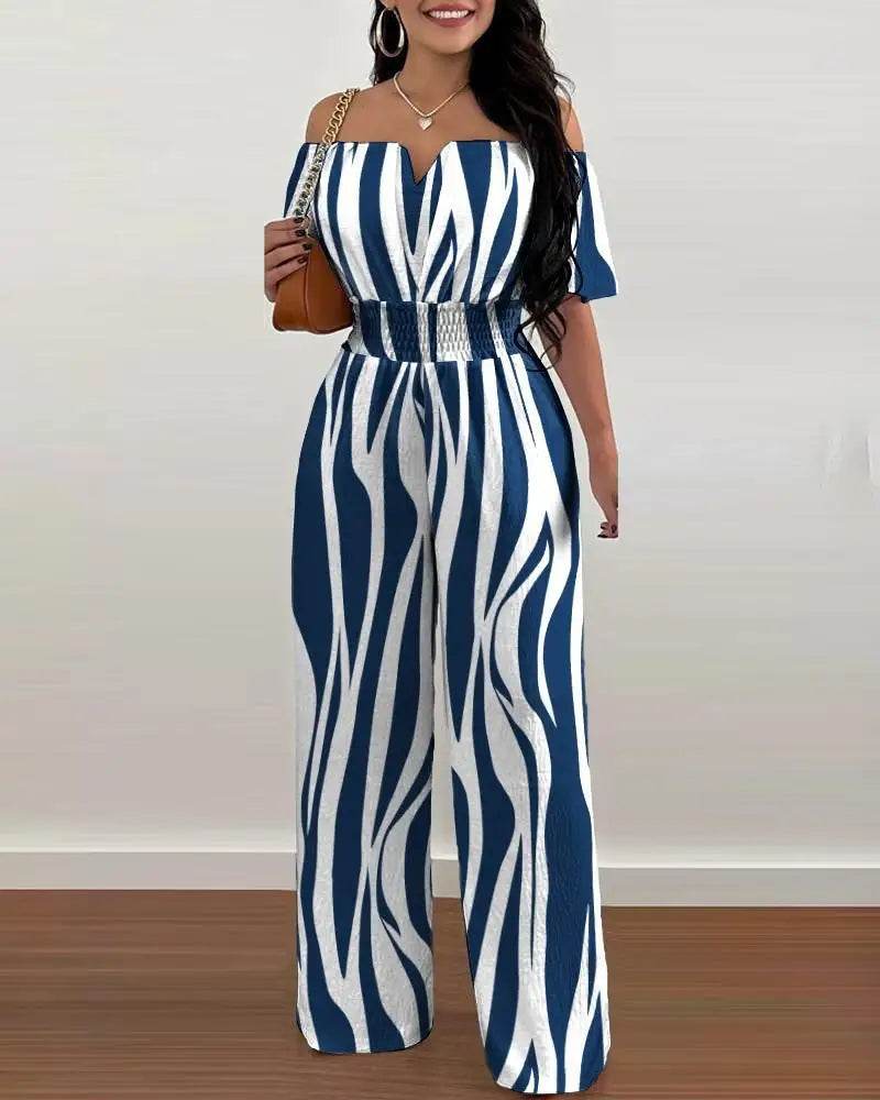 Lady Print High Waist Jumpsuit Sexy Off Shoulder Short Sleeve Wide Leg Pants Jumpsuits Women Fashion Casual Summer Women Clothes - AIAZ