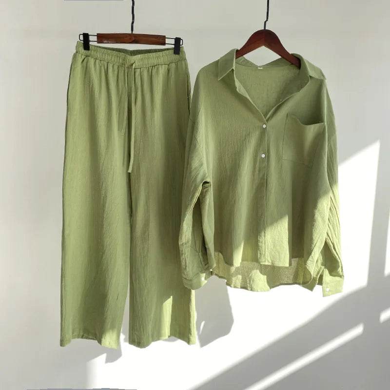 Pants Set Women Shirts Wide Leg Elastic Waist Cotton Linen Casual Sets Elegant Loose Long Sleeve Lapel Spring Shirt Y2k Suit - AIAZ