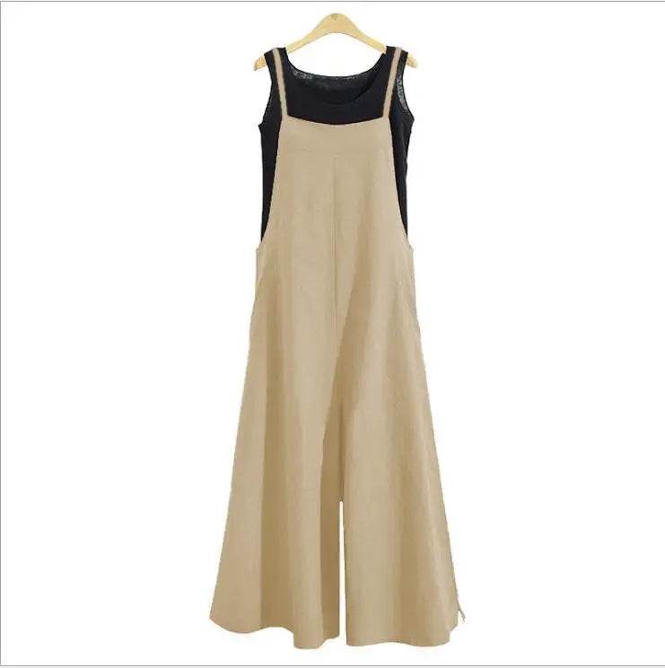 Women Straps Jumpsuit Summer Solid Color Wide Leg Pants Dungaree Bib Overalls Casual Loose Sleeveless Cotton Linen Jumpsuits 5Xl - AIAZ