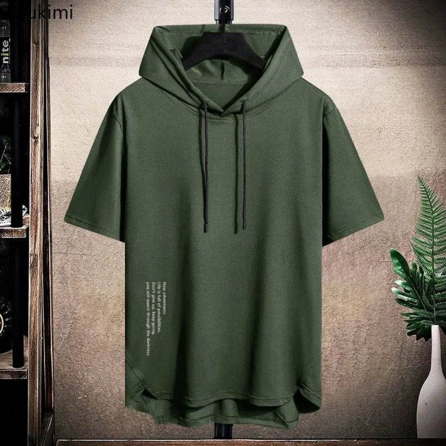 2025 Men's Summer Hoodies T-shirts Short Sleeve Solid Color Loose Hooded Drawstring Pullover Tops Basic Tees for Daily Wear Male - AIAZ