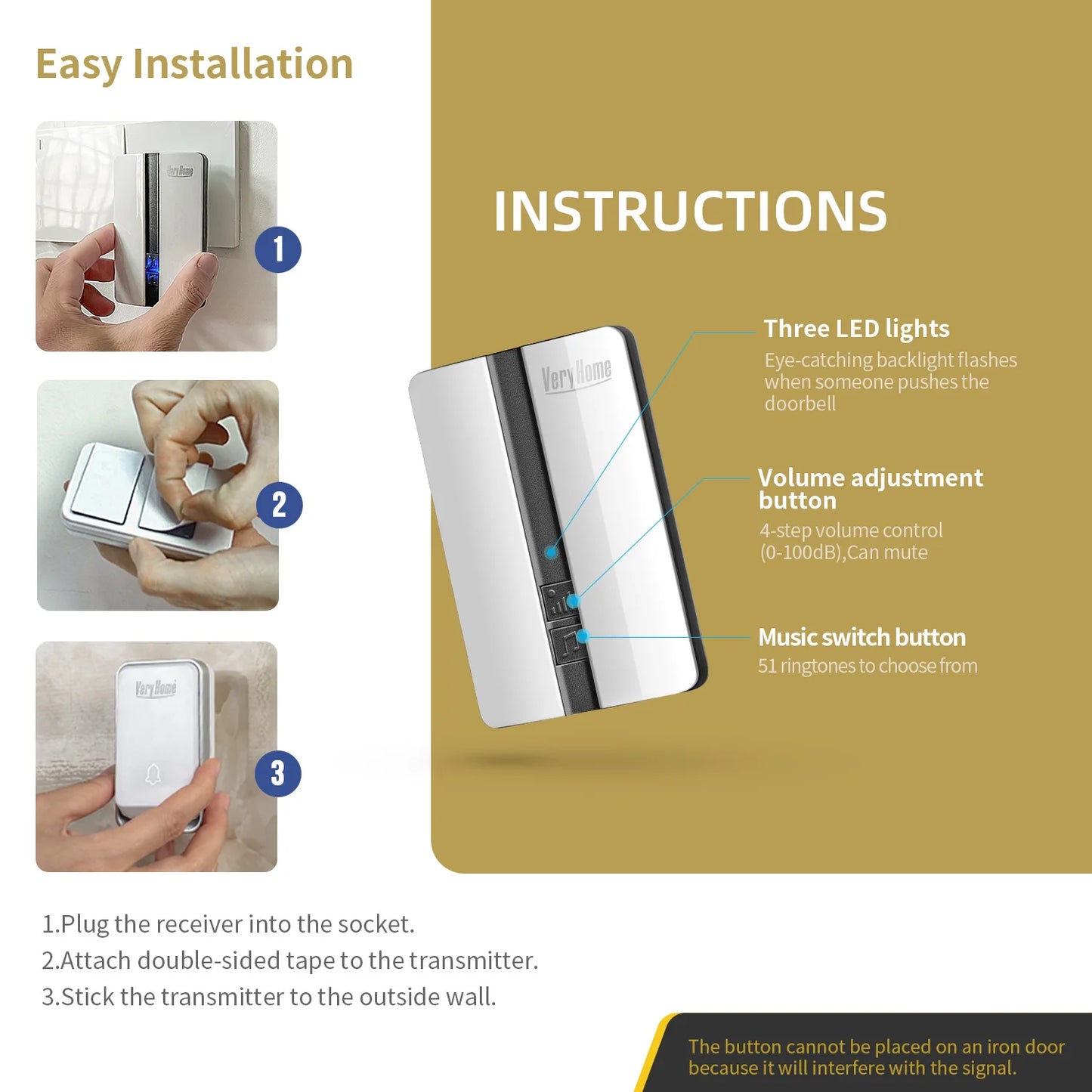 VeryHome Wireless Doorbell Waterproof Self-powered Button Smart Door Bell Sets Home Welcome Outdoor House Chimes  Receiver