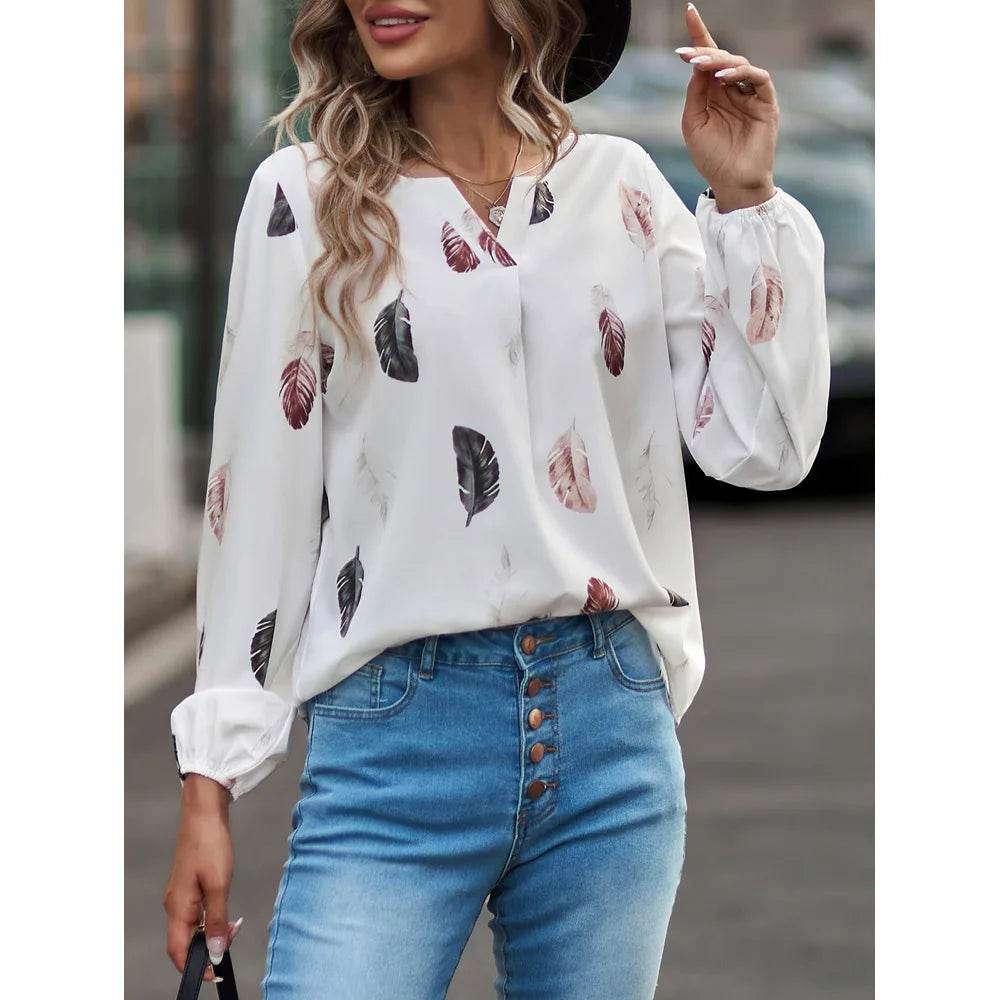 Fashion Woman Blouse Shirts For Women Stylish Top long Sleeve Feather Pattern Female Tops Elegant Chiffon Mujer Woman Clothes - AIAZ