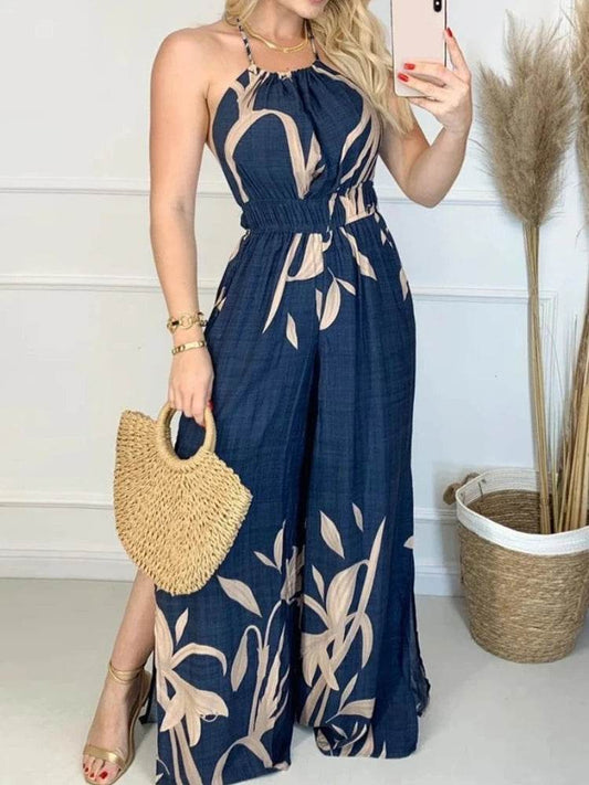 Jumpsuit Women Summer Fashion Halter Plants Print Backless Slit Wide Leg Casual Sleeveless Long Boho Vacation Jumpsuit - AIAZ