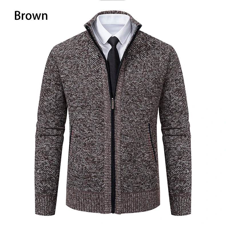Autumn And Winter New Jersey Men's Casual Sports Coat Solid Color Stand Collar Wweater Grab Fleece Warm Zipper Cardigan - AIAZ