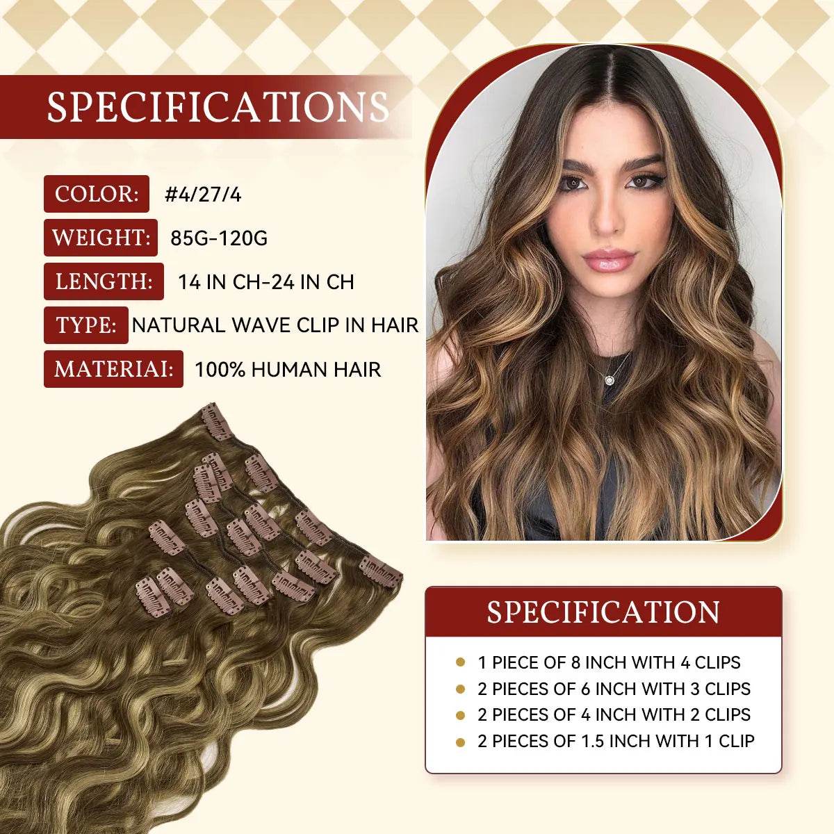 12A Natural Wave Clip In Human Hair Extensions 100% Remy Human Hair Clip In 120G 7Pcs/Set Full Head For Women 14-24Inch - AIAZ