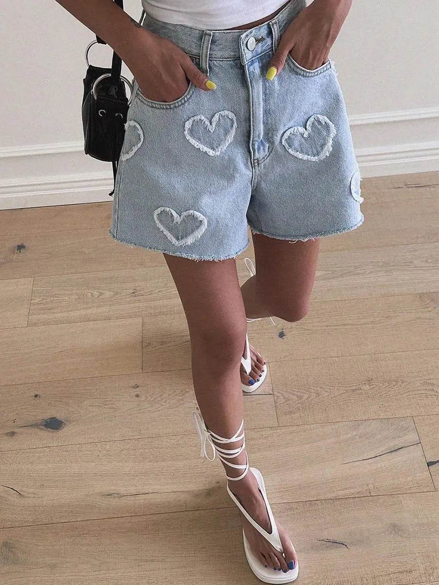 Women's Jeans Shorts Blue Cute Raw Edge Heart Pattern High Waist Fashion Denim Hot Pants Y2k Summer Casual Clothing - AIAZ