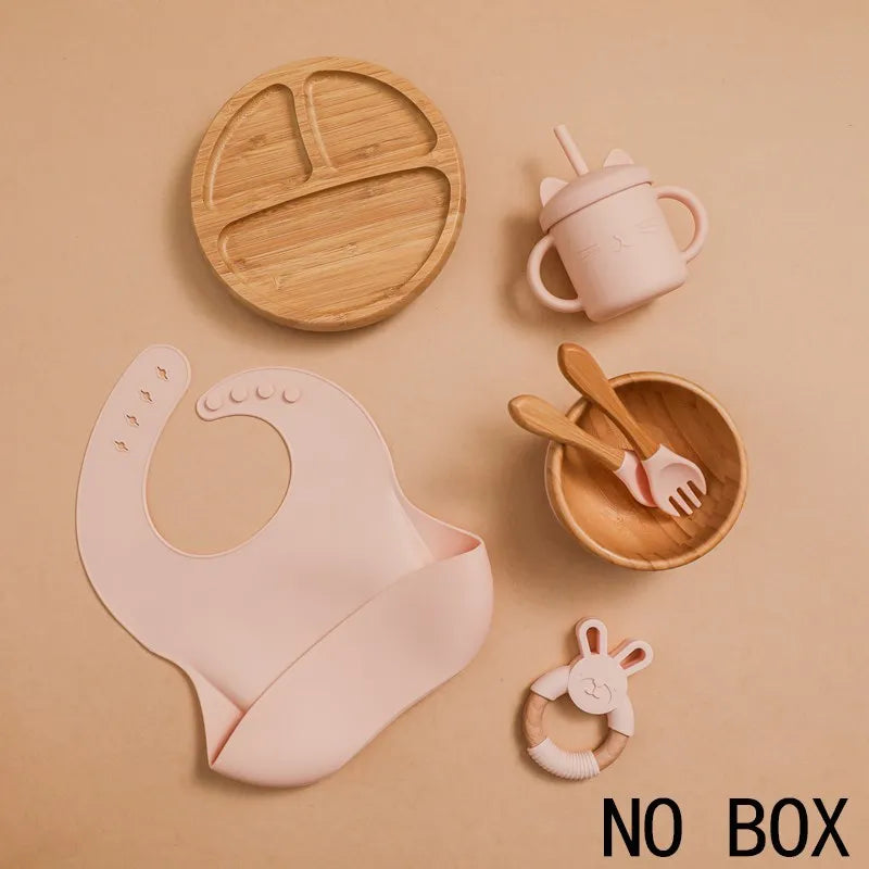 Wooden Dinner Plate Feeding Supplies Bamboo Baby Tableware Silicone Suction Plate Bowl BPA Free Baby Stuff Newborn Accessories