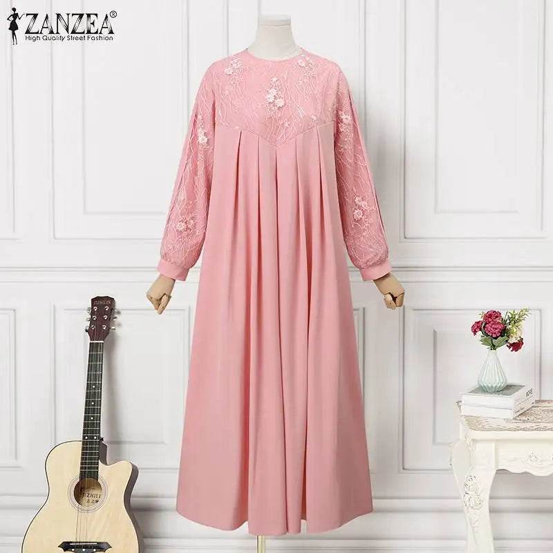 Autumn Muslim Fashion Long Dress ZANZEA Women Long Sleeve O Neck Vestidos Dubai Kaftan Maxi Sundress Robe Elegant Lace Abaya - AIAZ