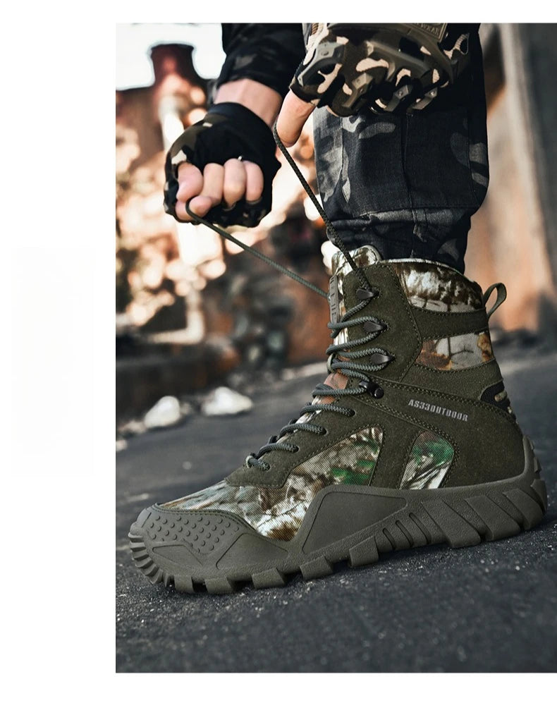 Outdoor Hiking Shoes Men Casual Combat Boots Men Breathable Wear-resistant Anti-slip Flat Comfortable High-top Boots Men