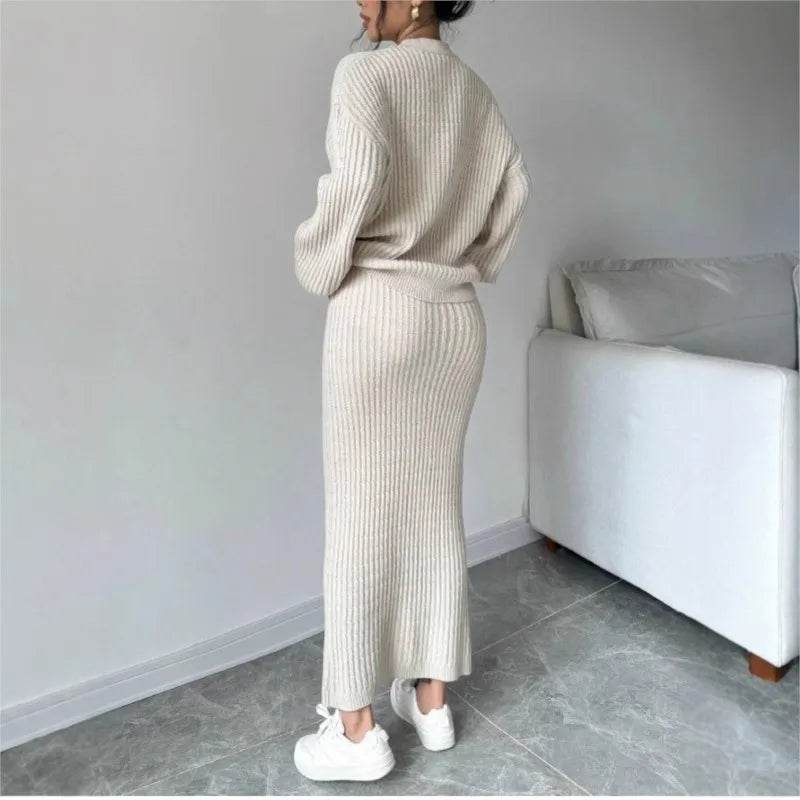 Women's Long Sleeved Jacket Sweater V-neck Cardigan Loose Two-piece Set Solid Color Knitted Hip Skirt Set - AIAZ
