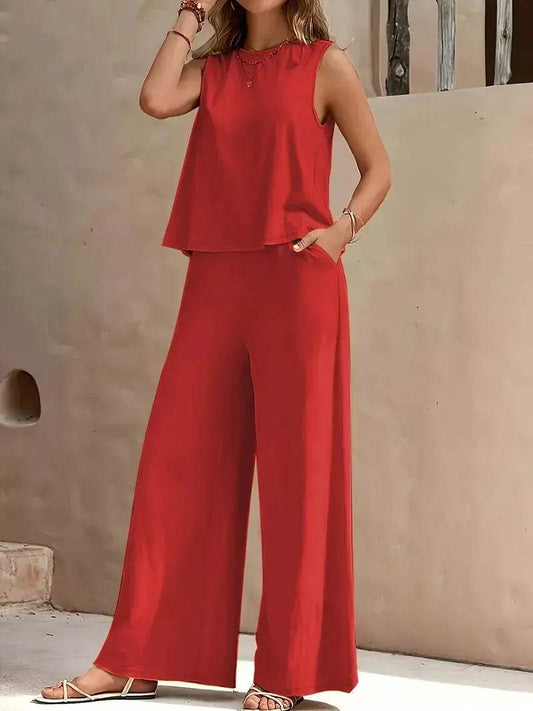 Women's Casual Set Solid Color Elegant Comfortable Round Neck Vest and Wide Leg Pants Two Piece Versatile Comfortable - AIAZ