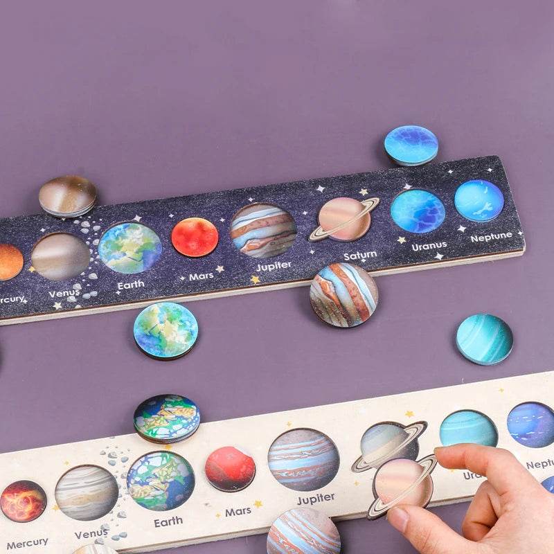 Children Wooden Space Planet Puzzles Montessori Toys Planet Matching Game Jigsaw Tray Universe Solar System Science Learning Toy - AIAZ