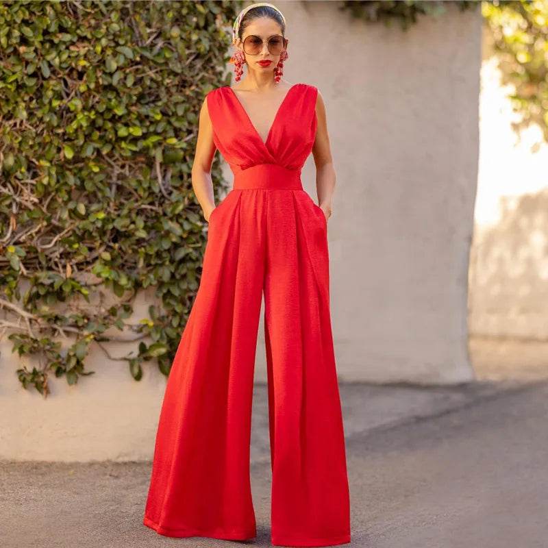 Jumpsuit Women Summer New Sleeveless Sexy Deep V-neck Solid Color High Waist Wide Leg Jumpsuits Elegant Commuting Lady Playsuits - AIAZ