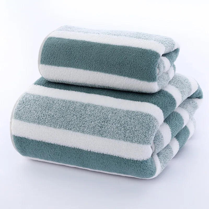 2PCS Thickened Absorbent Bath Towel Striped Pattern Towel Set Soft Face Towel for Home Bathroom Spa Quick Drying Microfiber