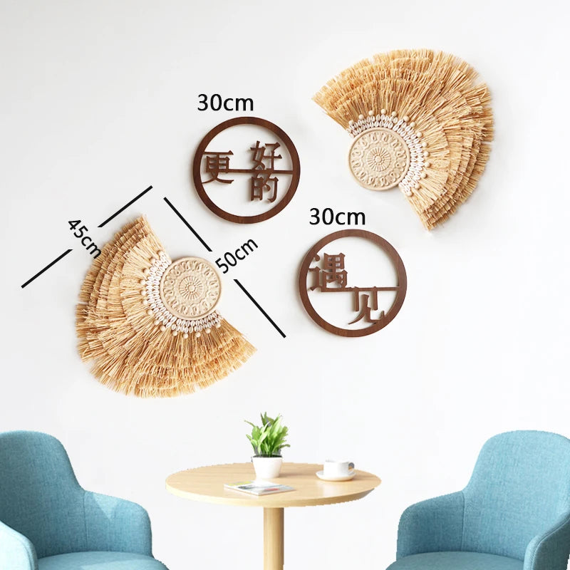 Bohemian Wall Decorations, Woven Grass and Rattan Wall Ornaments, Wall Decorations for Restaurant Background Walls