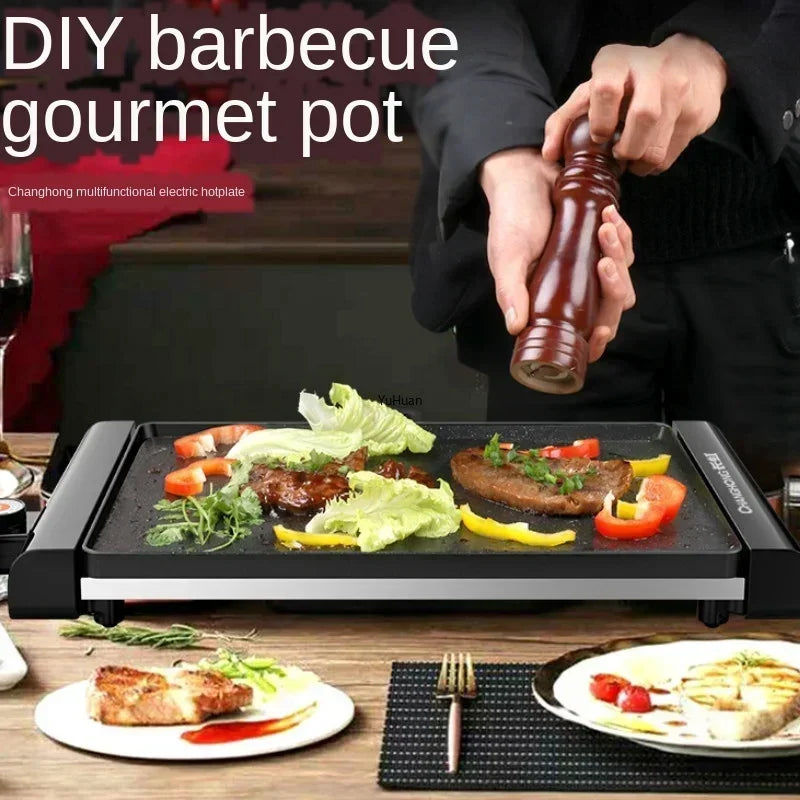 220V Korean Style Non-Stick Electric Grill Pan for Smokeless BBQ, Hotpot and Griddle Cooking at Home A