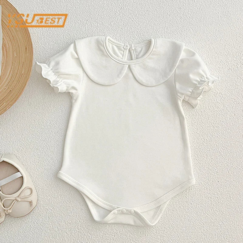 Summer Newborn Kids Baby Girls Doll Collar Solid Color Rompers Infant Baby Girls Short Sleeve Rompers Clothes