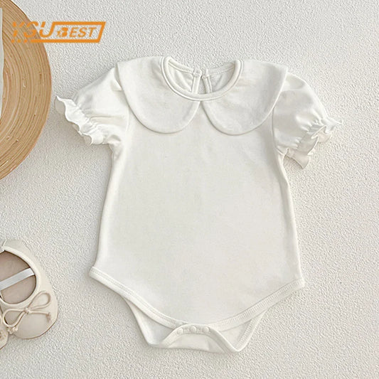 Summer Newborn Kids Baby Girls Doll Collar Solid Color Rompers Infant Baby Girls Short Sleeve Rompers Clothes